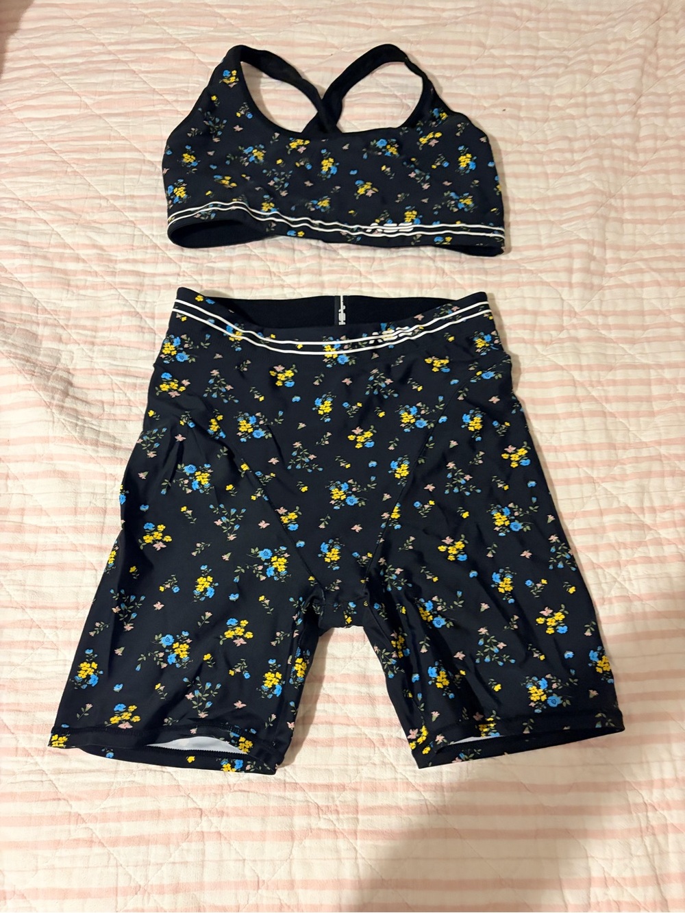EUC ADAM SELMAN Black Floral Sports Bra & Biker Short Set - Floral Print